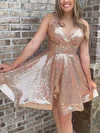 A-line V-neck Sequined Short/Mini Short Prom Dresses With Ruffles #Favs020020110001