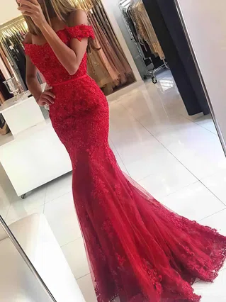 Trumpet/Mermaid Off-the-shoulder Tulle Floor-length Appliques Lace Prom Dresses #Favs020102938 Trumpet/Mermaid Off-the-shoulder Tulle Floor-length Appliques Lace Prom Dresses #Favs020102938