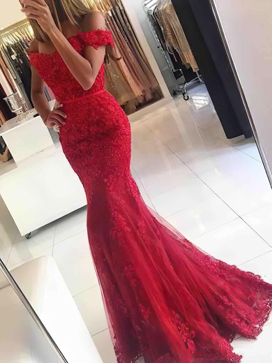 Trumpet/Mermaid Off-the-shoulder Tulle Floor-length Appliques Lace Prom Dresses #Favs020102938