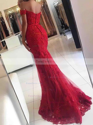 Trumpet/Mermaid Off-the-shoulder Tulle Floor-length Appliques Lace Prom Dresses #Favs020102938
