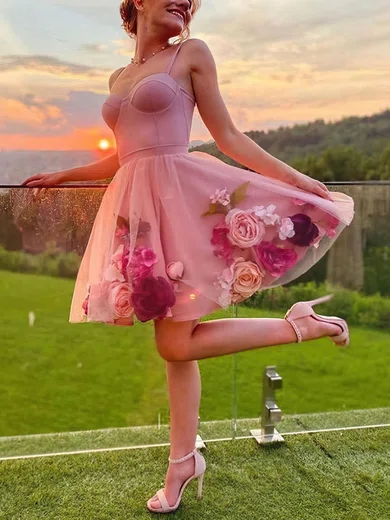 A-line Sweetheart Tulle Short/Mini Lace Short Prom Dresses #Favs020020109095