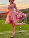 A-line Sweetheart Tulle Short/Mini Lace Short Prom Dresses #Favs020020109095
