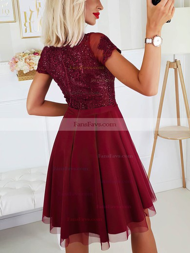 A-line V-neck Tulle Silk-like Satin Short/Mini Short Prom Dresses With Beading #Favs020020111501