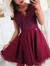 A-line V-neck Tulle Silk-like Satin Short/Mini Short Prom Dresses With Beading #Favs020020111501