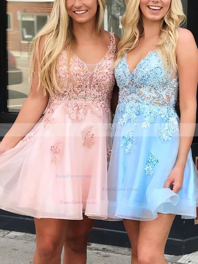 A-line V-neck Organza Short/Mini Short Prom Dresses With Appliques Lace #Favs020020111502