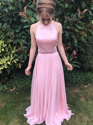 A-line Halter Cihffon Sweep Train Beading Prom Dresses #Favs020106034