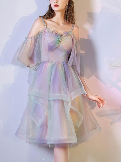 A-line Off-the-shoulder Tulle Knee-length Short Prom Dresses With Crystal Detailing #Favs020020110010