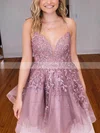 A-line V-neck Tulle Short/Mini Short Prom Dresses With Lace #Favs020020110781