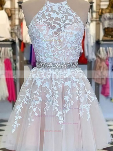 A-line High Neck Tulle Short/Mini Short Prom Dresses With Lace #Favs020020110782