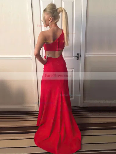Sheath/Column One Shoulder Silk-like Satin Sweep Train Split Front Prom Dresses #Favs020106035