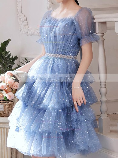 A-line Square Neckline Glitter Knee-length Short Prom Dresses With Sashes / Ribbons #Favs020020110013