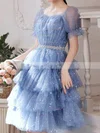 A-line Square Neckline Glitter Knee-length Short Prom Dresses With Sashes / Ribbons #Favs020020110013