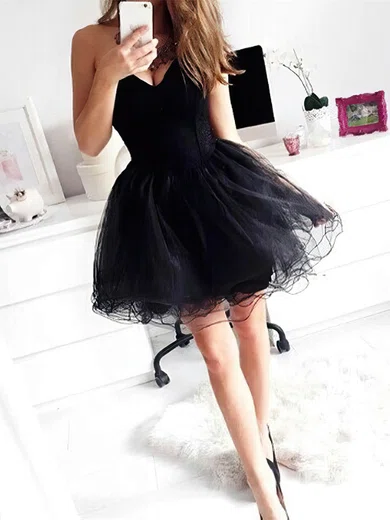 A-line V-neck Tulle Short/Mini Short Prom Dresses #Favs020020111507