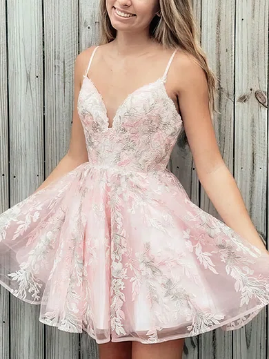 A-line V-neck Tulle Short/Mini Lace Short Prom Dresses #Favs020020109109