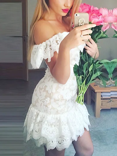 Sheath/Column Off-the-shoulder Lace Tulle Short/Mini Short Prom Dresses With Appliques Lace #Favs020020111510