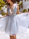 A-line V-neck Tulle Short/Mini Beading Short Prom Dresses #Favs020020109110