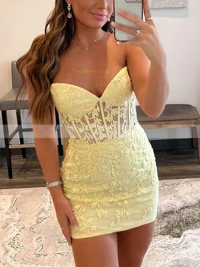 Sheath/Column Sweetheart Tulle Short/Mini Short Prom Dresses With Lace #Favs020020110790