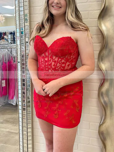 Sheath/Column Sweetheart Tulle Short/Mini Short Prom Dresses With Lace #Favs020020110790