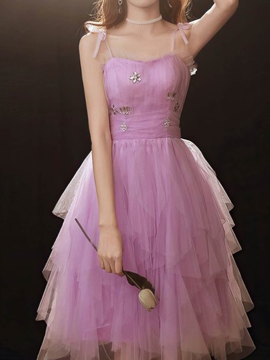 A-line Square Neckline Tulle Knee-length Short Prom Dresses With Crystal Detailing #Favs020020110018
