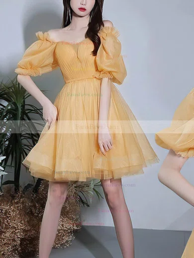 A-line Off-the-shoulder Tulle Short/Mini Short Prom Dresses With Sashes / Ribbons #Favs020020110019