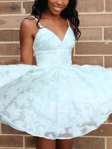 A-line V-neck Lace Tulle Short/Mini Short Prom Dresses With Appliques Lace #Favs020020111515