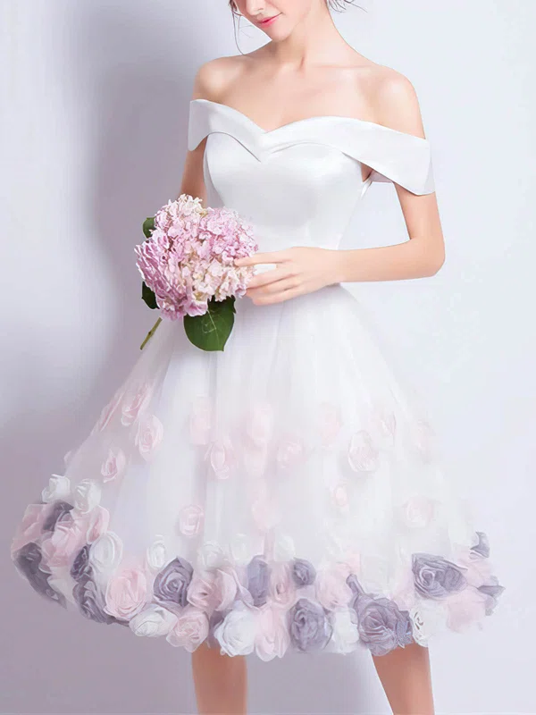 A-line Off-the-shoulder Tulle Knee-length Short Prom Dresses With Flower(s) #Favs020020110022
