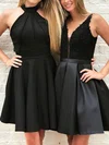 A-line V-neck Satin Short/Mini Short Prom Dresses With Appliques Lace #Favs020020111516
