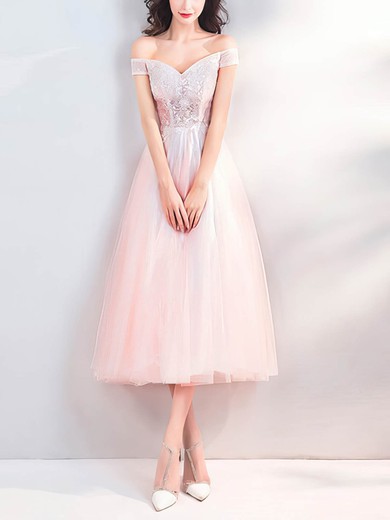 A-line Off-the-shoulder Tulle Tea-length Short Prom Dresses With Lace #Favs020020110023
