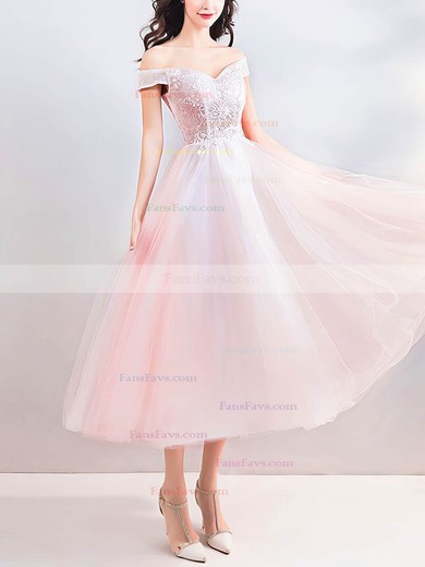 A-line Off-the-shoulder Tulle Tea-length Short Prom Dresses With Lace #Favs020020110023