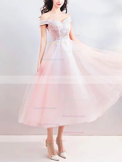 A-line Off-the-shoulder Tulle Tea-length Short Prom Dresses With Lace #Favs020020110023