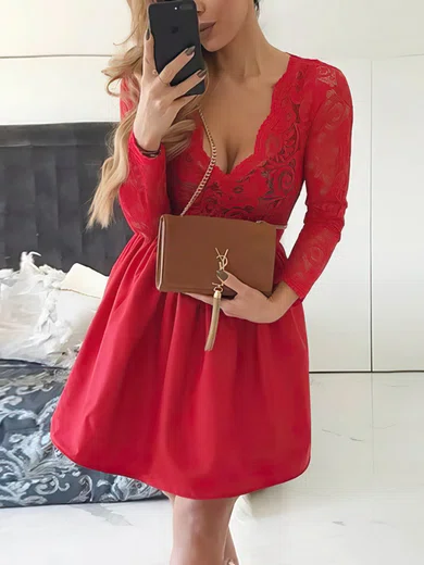 A-line V-neck Satin Lace Short/Mini Short Prom Dresses #Favs020020111517