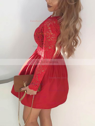 A-line V-neck Satin Lace Short/Mini Short Prom Dresses #Favs020020111517