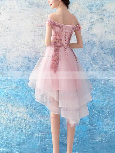 A-line Off-the-shoulder Organza Asymmetrical Short Prom Dresses With Lace #Favs020020110025