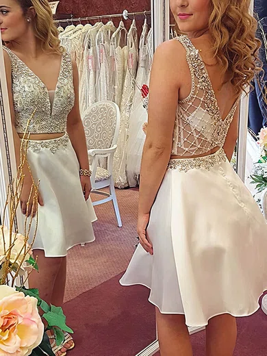 A-line V-neck Silk-like Satin Short/Mini Beading Short Prom Dresses #Favs020020109120