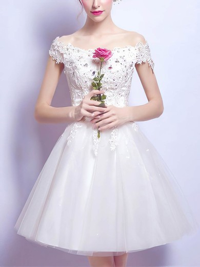 A-line Off-the-shoulder Tulle Short/Mini Short Prom Dresses With Lace #Favs020020110026