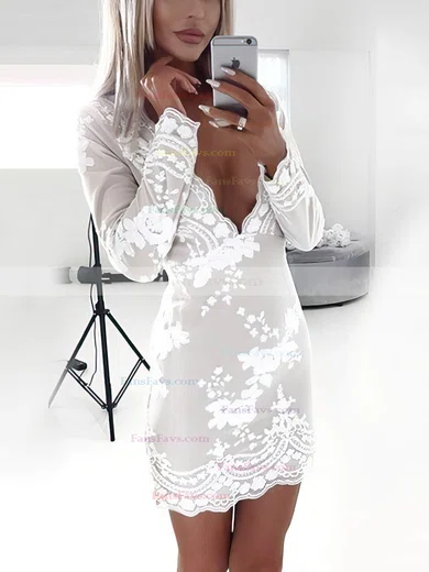 Sheath/Column V-neck Lace Tulle Short/Mini Short Prom Dresses With Appliques Lace #Favs020020111520