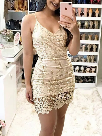 Sheath/Column V-neck Lace Tulle Short/Mini Short Prom Dresses With Appliques Lace #Favs020020111521