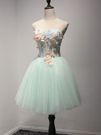 A-line Strapless Tulle Short/Mini Short Prom Dresses With Flower(s) #Favs020020110028