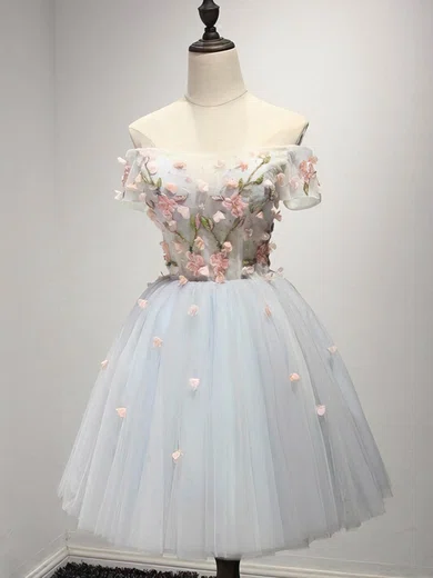 A-line Off-the-shoulder Tulle Short/Mini Short Prom Dresses With Flower(s) #Favs020020110029