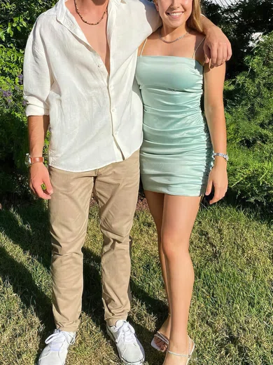 Sheath/Column Square Neckline Silk-like Satin Short/Mini Short Prom Dresses With Ruffles #Favs020020110802