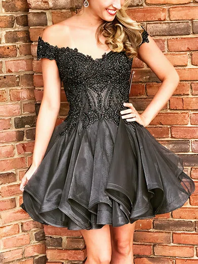 A-line Off-the-shoulder Tulle Short/Mini Short Prom Dresses With Beading #Favs020020111524