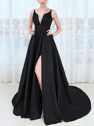 Princess V-neck Satin Sweep Train Split Front Prom Dresses #Favs020106043 Princess V-neck Satin Sweep Train Split Front Prom Dresses #Favs020106043
