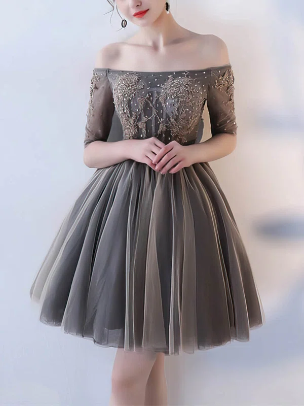 A-line Off-the-shoulder Tulle Short/Mini Short Prom Dresses With Beading #Favs020020110031