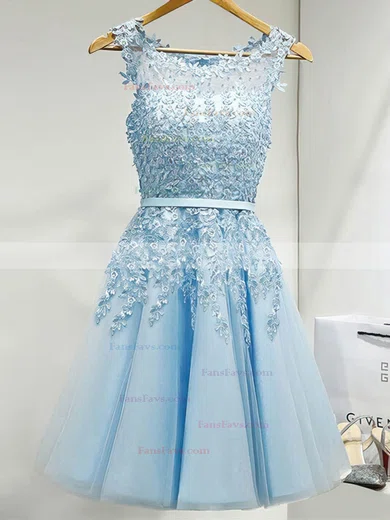 A-line Scoop Neck Tulle Short/Mini Short Prom Dresses With Lace #Favs020020110032