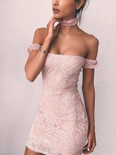 Sheath/Column Off-the-shoulder Lace Short/Mini Short Prom Dresses #Favs020020111526