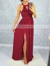 A-line Scoop Neck Silk-like Satin Floor-length Lace Prom Dresses #Favs020106044
