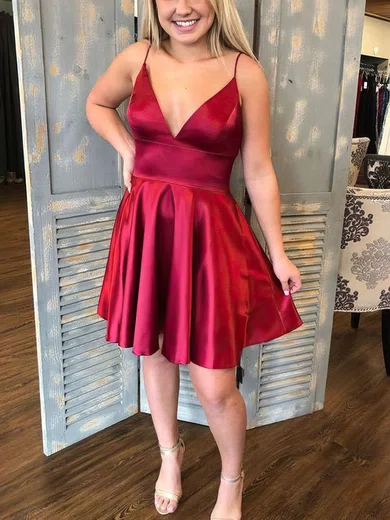 A-line V-neck Satin Short/Mini Short Prom Dresses #Favs020020109132