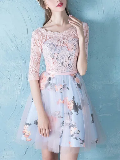 A-line Scoop Neck Tulle Short/Mini Short Prom Dresses With Lace #Favs020020110036