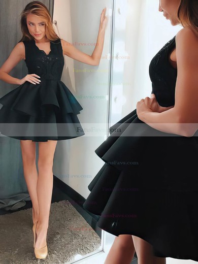 A-line V-neck Lace Stretch Crepe Short/Mini Short Prom Dresses With Appliques Lace #Favs020020111530