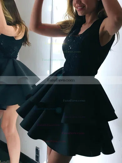 A-line V-neck Lace Stretch Crepe Short/Mini Short Prom Dresses With Appliques Lace #Favs020020111530